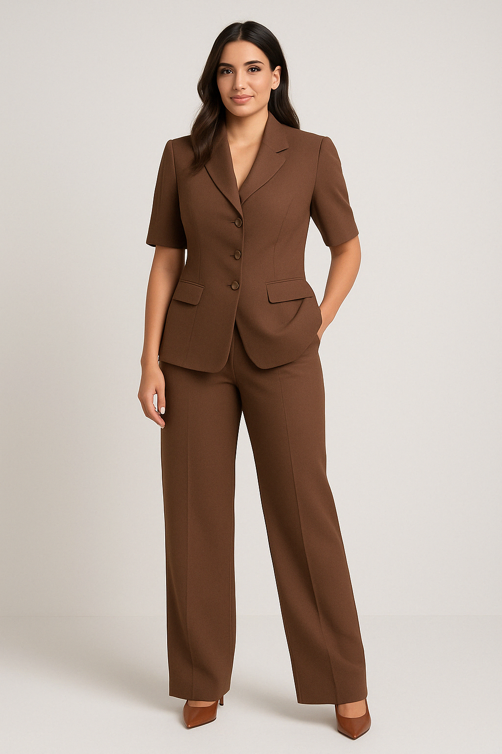 "Woman wearing brown tailored blazer and wide-leg trousers from HOR, perfect for elevated everyday workwear and capsule wardrobes"