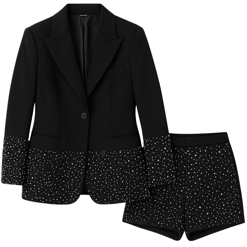 Flat lay of a Black tailored blazer and shorts set with crystal embellishments from House of Roy — modern eveningwear for confident, statement dressing